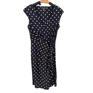 Lauren Ralph Lauren Navy Polk Dot Sleeveless Faux Wrap Dress Sz8 Wedding Guest